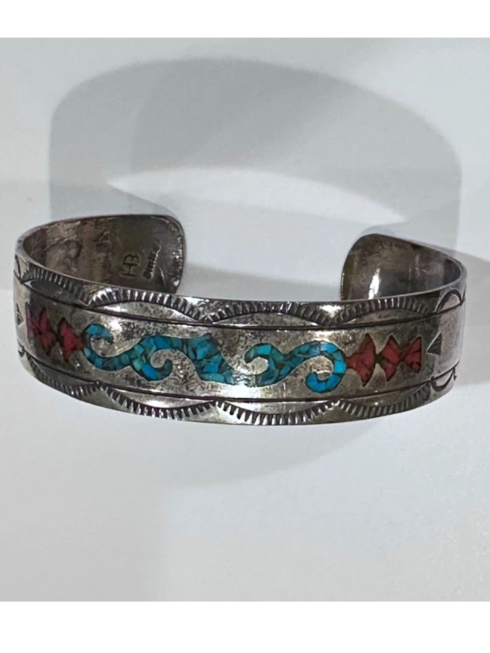 Native American Hallmarked Silver Cuff Bracelet w/ Turquoise & Coral Inlay-1970s